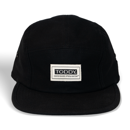 Toddy branded 5 panel hat from the front on a white background
