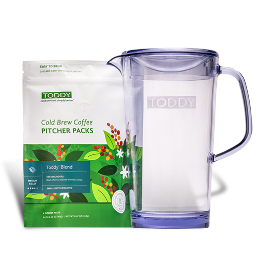 close up shot of toddy blend pitcher packs with pitcher